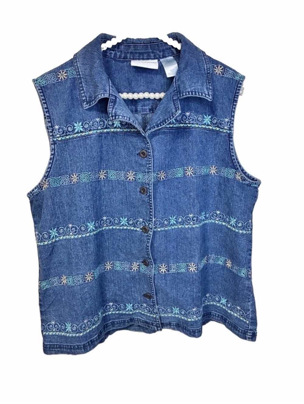 Alfred Dunner Denim Vest Womens 10 Blue Excellent Embroidered Floral Button Up